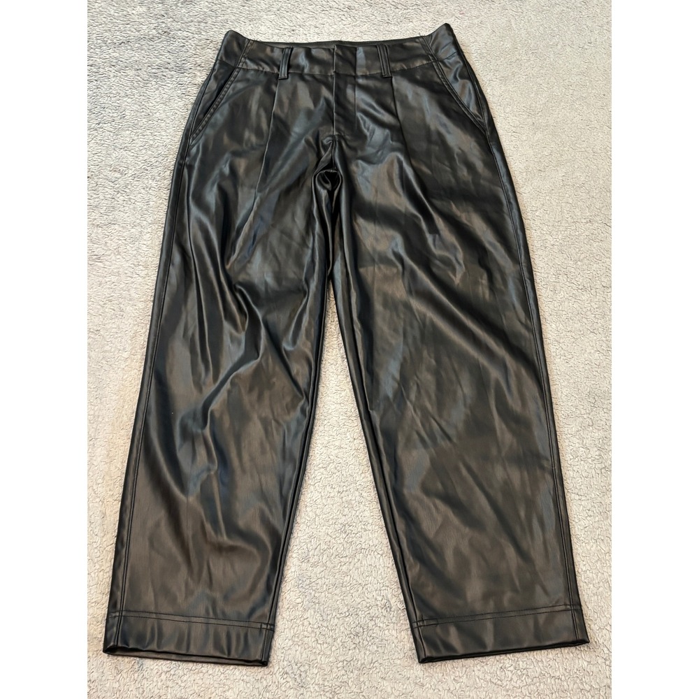 A New Day Black Faux Leather Wide Leg Pleated Trousers Pants Size 4 VN1247024
